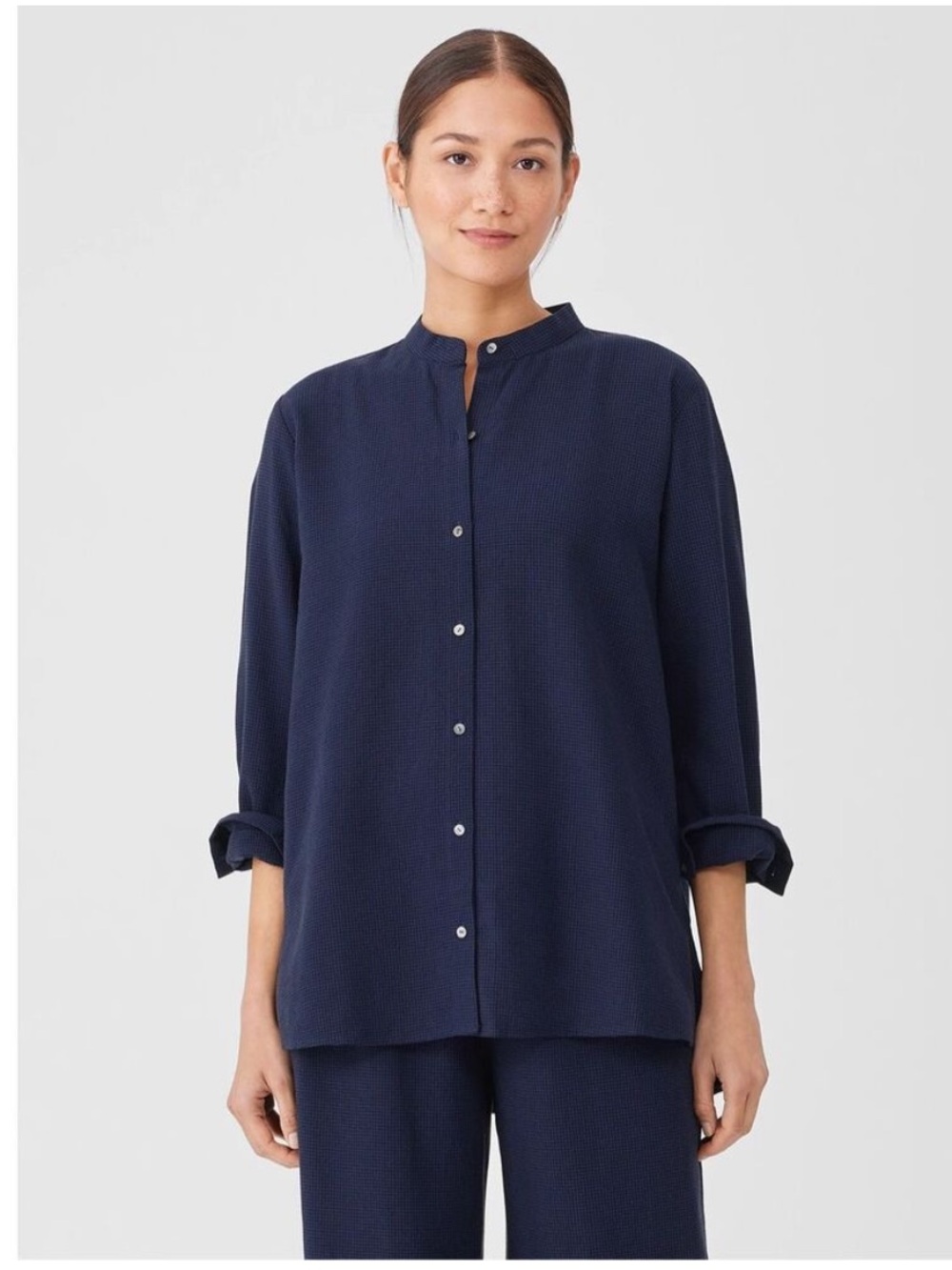 Eileen Fisher Mini Check Crepe Mandarin Collar Top Blue Women’s 2X Lyocell $195